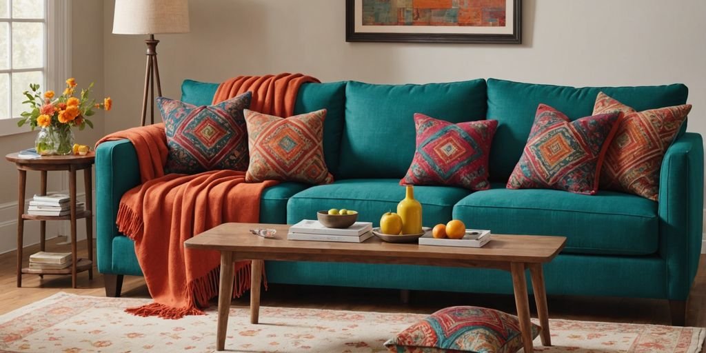 Colorful pashmina throws on a stylish sofa
