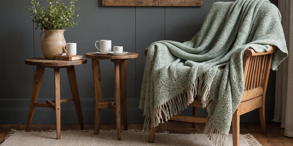 Jeté en Pashmina fait à la main sur une chaise en bois.