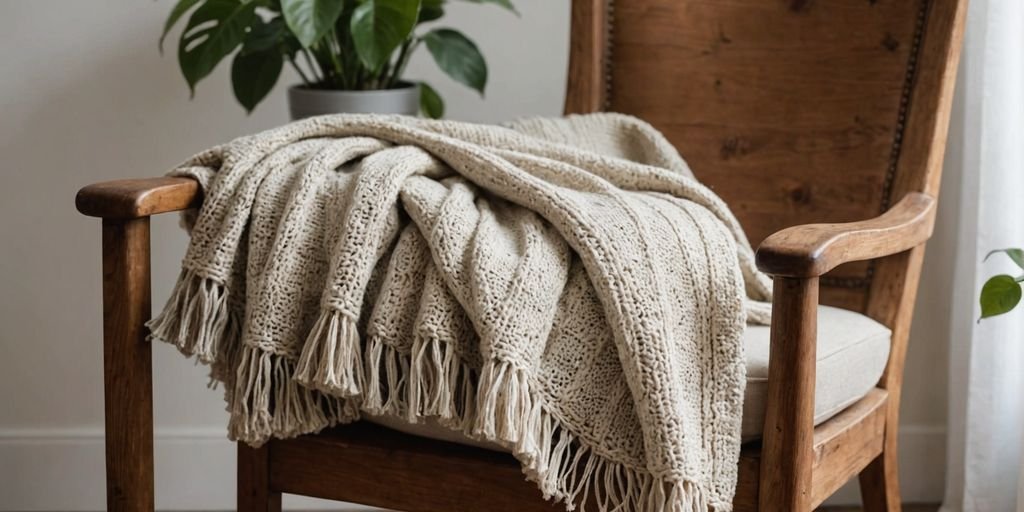 Handgemaakte Pashmina-deken op een rustieke stoel